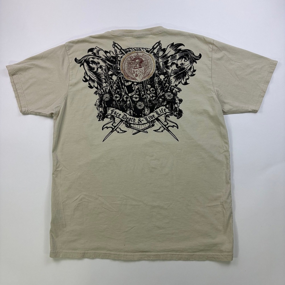 Y2K Indigo Star Graphic T-Shirt Mens Large Beige Face Death Live Life Tee